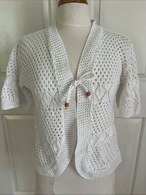Pulse White Open-Knit Tie-Front Cardigan with Wooden Beads